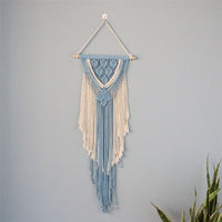 HKM-694611 Hand-Woven Cotton Rope Tapestry with Tassel Ornaments - Modern Blue and White Wall Decoration (38x114CM)