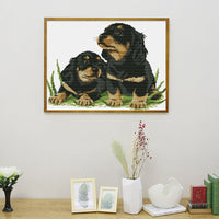 HKM-694675 Two Puppies Hand Cloth Cross Stitch Kit - Eco-Friendly Cotton Fabric, Cartoon Pattern, Multiple Thread Options