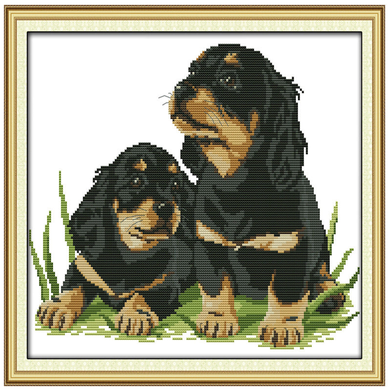 HKM-694675 Two Puppies Hand Cloth Cross Stitch Kit - Eco-Friendly Cotton Fabric, Cartoon Pattern, Multiple Thread Options