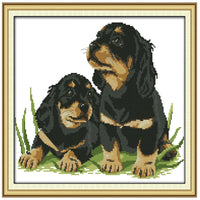 HKM-694675 Two Puppies Hand Cloth Cross Stitch Kit - Eco-Friendly Cotton Fabric, Cartoon Pattern, Multiple Thread Options