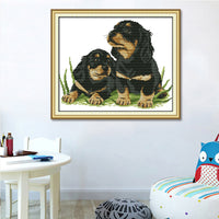 HKM-694675 Two Puppies Hand Cloth Cross Stitch Kit - Eco-Friendly Cotton Fabric, Cartoon Pattern, Multiple Thread Options