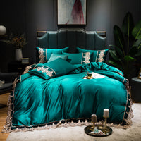 HKM-694675 Washed Silk Embroidered Lace Edge Bedding Set - Romantic Fabric, Multiple Patterns Available