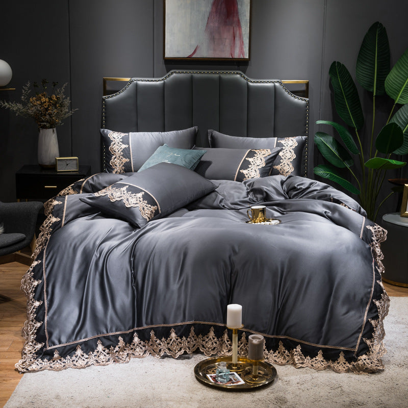 HKM-694675 Washed Silk Embroidered Lace Edge Bedding Set - Romantic Fabric, Multiple Patterns Available