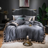 HKM-694675 Washed Silk Embroidered Lace Edge Bedding Set - Romantic Fabric, Multiple Patterns Available