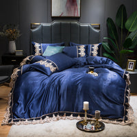 HKM-694675 Washed Silk Embroidered Lace Edge Bedding Set - Romantic Fabric, Multiple Patterns Available