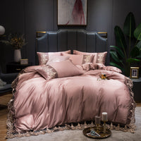 HKM-694675 Washed Silk Embroidered Lace Edge Bedding Set - Romantic Fabric, Multiple Patterns Available