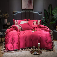HKM-694675 Washed Silk Embroidered Lace Edge Bedding Set - Romantic Fabric, Multiple Patterns Available