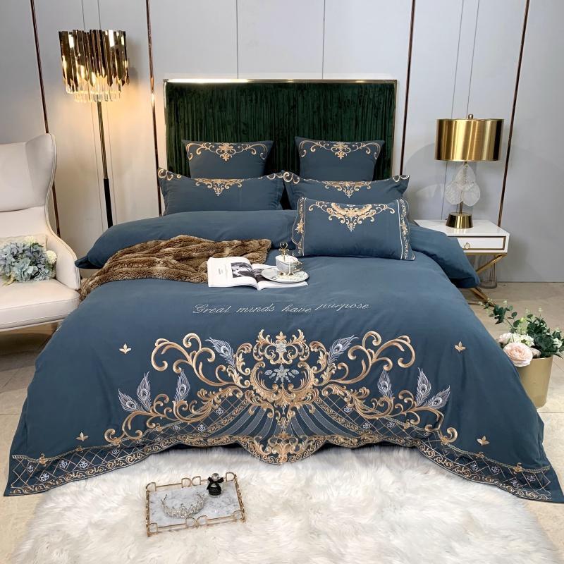 HKM-694995 Luxury Four-Piece Cotton Bed Linen Set with Silk Embroidery, Available in Multiple Sizes