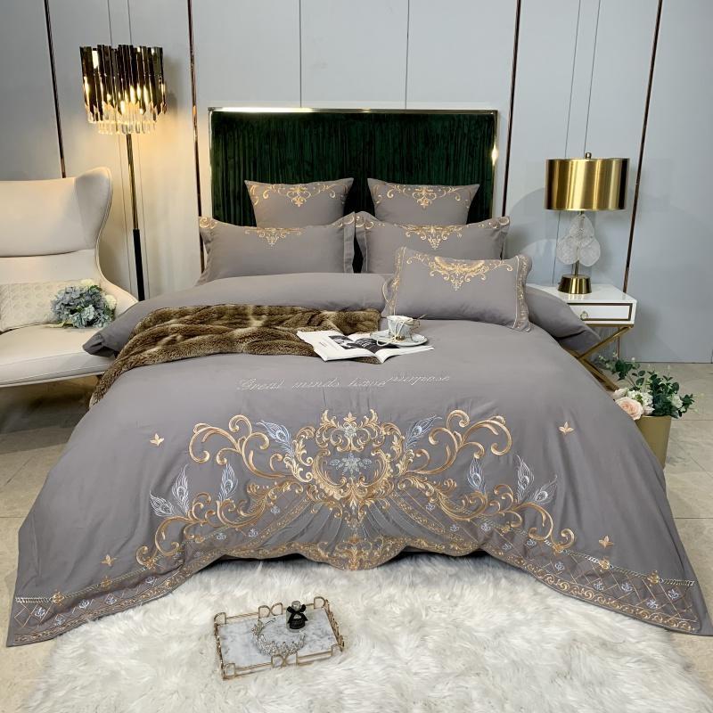 HKM-694995 Luxury Four-Piece Cotton Bed Linen Set with Silk Embroidery, Available in Multiple Sizes