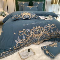HKM-694995 Luxury Four-Piece Cotton Bed Linen Set with Silk Embroidery, Available in Multiple Sizes