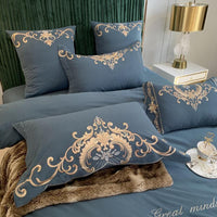 HKM-694995 Luxury Four-Piece Cotton Bed Linen Set with Silk Embroidery, Available in Multiple Sizes