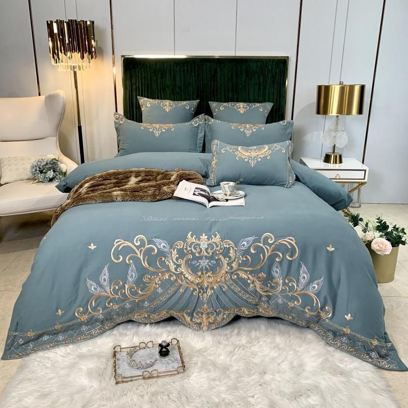 HKM-694995 Luxury Four-Piece Cotton Bed Linen Set with Silk Embroidery, Available in Multiple Sizes