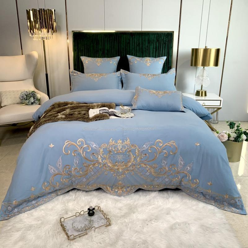 HKM-694995 Luxury Four-Piece Cotton Bed Linen Set with Silk Embroidery, Available in Multiple Sizes
