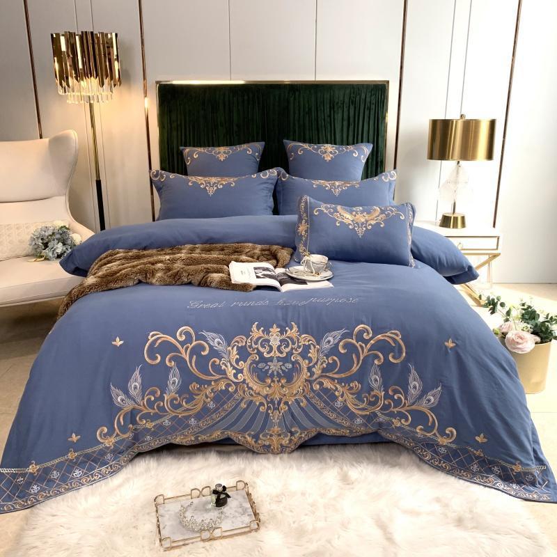 HKM-694995 Luxury Four-Piece Cotton Bed Linen Set with Silk Embroidery, Available in Multiple Sizes