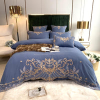 HKM-694995 Luxury Four-Piece Cotton Bed Linen Set with Silk Embroidery, Available in Multiple Sizes