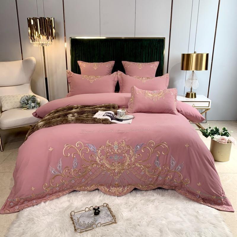 HKM-694995 Luxury Four-Piece Cotton Bed Linen Set with Silk Embroidery, Available in Multiple Sizes