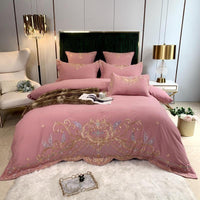 HKM-694995 Luxury Four-Piece Cotton Bed Linen Set with Silk Embroidery, Available in Multiple Sizes