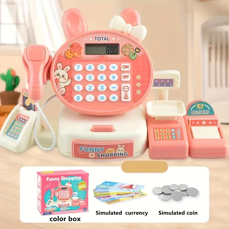 HKM-695507 Kids Electronic Cash Register Toy Set - Pink Supermarket Shopping Playset for Ages 2 to 13