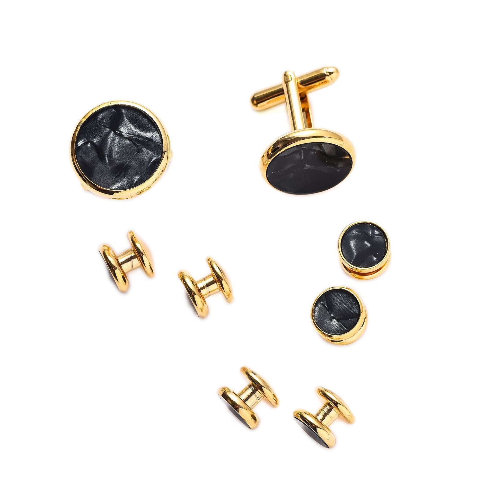 HKM-695507 Men's 8-Piece Cufflinks Set with Round Drip Shell Designs in White, Blue, Black, and Gold-Plated Finishes