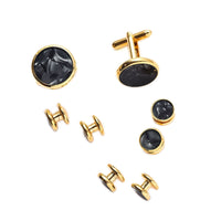 HKM-695507 Men's 8-Piece Cufflinks Set with Round Drip Shell Designs in White, Blue, Black, and Gold-Plated Finishes