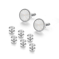 HKM-695507 Men's 8-Piece Cufflinks Set with Round Drip Shell Designs in White, Blue, Black, and Gold-Plated Finishes