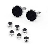 HKM-695507 Men's 8-Piece Cufflinks Set with Round Drip Shell Designs in White, Blue, Black, and Gold-Plated Finishes