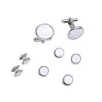 HKM-695507 Men's 8-Piece Cufflinks Set with Round Drip Shell Designs in White, Blue, Black, and Gold-Plated Finishes