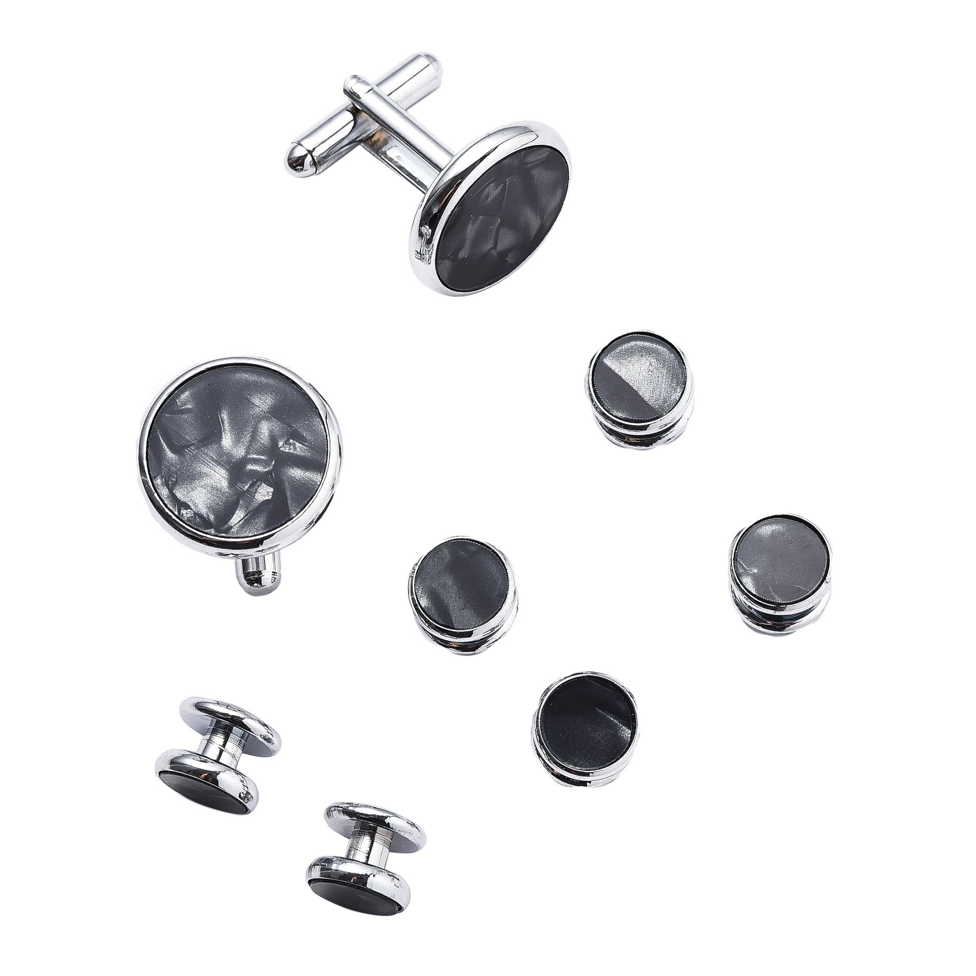 HKM-695507 Men's 8-Piece Cufflinks Set with Round Drip Shell Designs in White, Blue, Black, and Gold-Plated Finishes