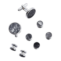 HKM-695507 Men's 8-Piece Cufflinks Set with Round Drip Shell Designs in White, Blue, Black, and Gold-Plated Finishes