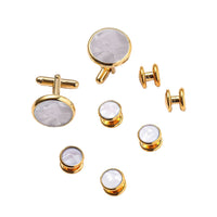 HKM-695507 Men's 8-Piece Cufflinks Set with Round Drip Shell Designs in White, Blue, Black, and Gold-Plated Finishes