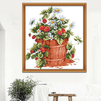 HKM-695827 Strawberry Potted Cross Stitch Kit with Ecological Cotton Thread - Multiple Cloth Counts Available