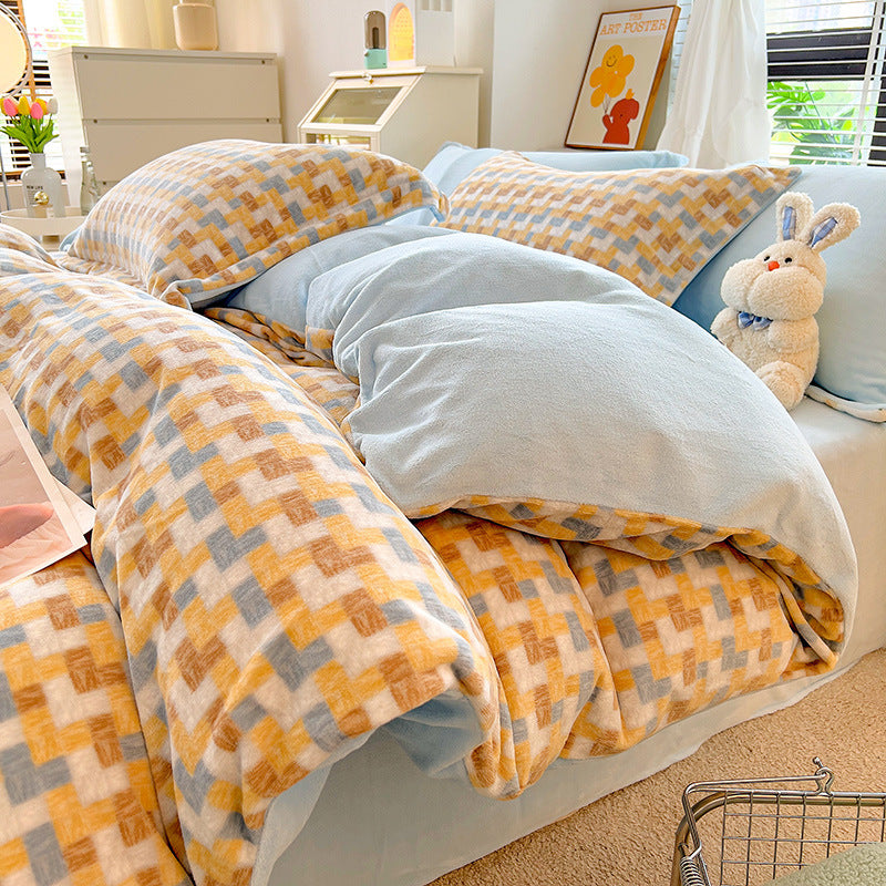 HKM-696147 Milk Velvet Nordic Style Duvet Cover Flannel Bed Sheet Set with Geometric Patterns - Three-piece Collection