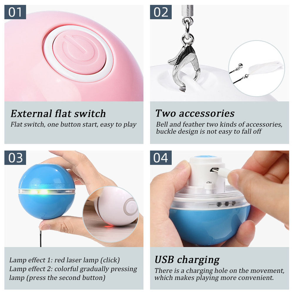 HKM-696339 Colorful LED Laser Cat Ball - USB Rechargeable Fun Toy with Feather and Bell