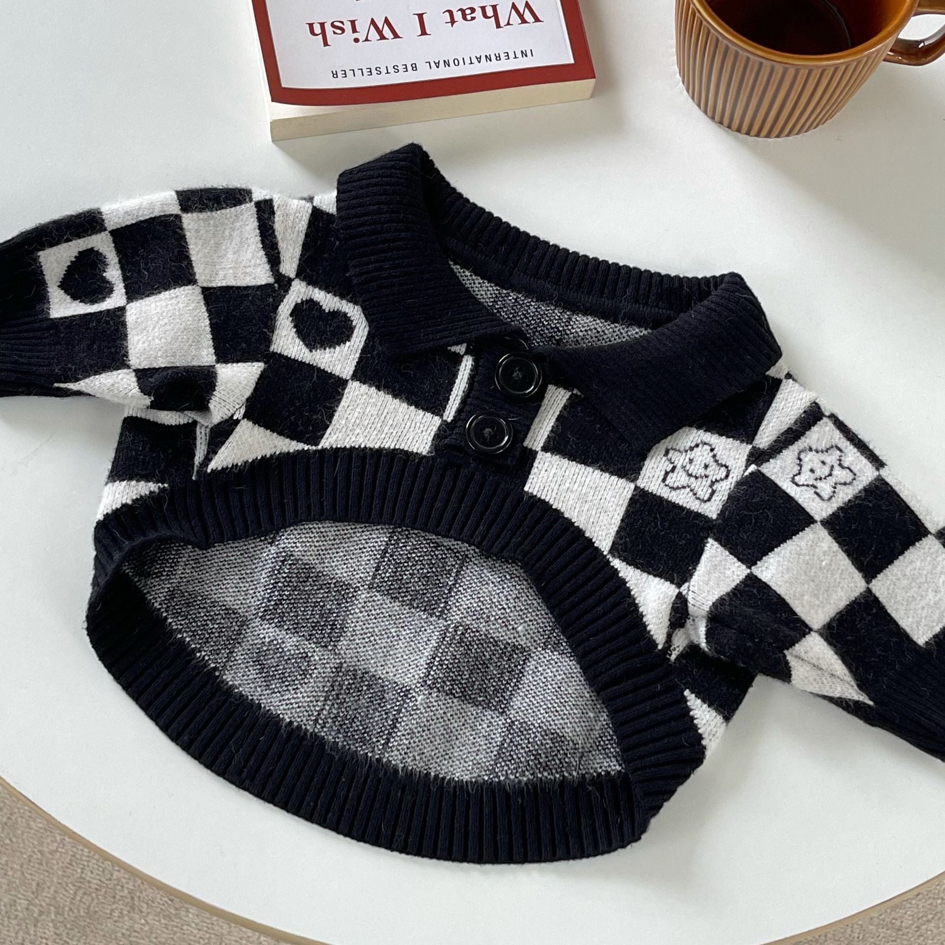 HKM-696403 Winter Sweater for Dogs and Cats - Stylish Wool Design in Black Grid Pattern