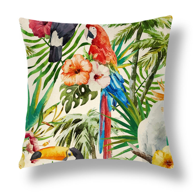 HKM-696531 Tropical Series Linen Cushion Cover with Plant and Flower Print, 45x45cm