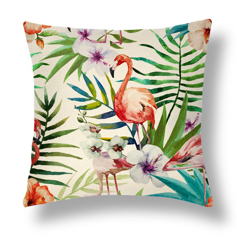HKM-696531 Tropical Series Linen Cushion Cover with Plant and Flower Print, 45x45cm