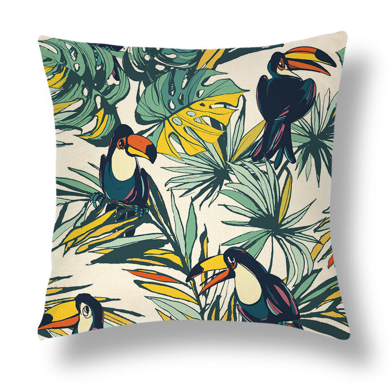HKM-696531 Tropical Series Linen Cushion Cover with Plant and Flower Print, 45x45cm