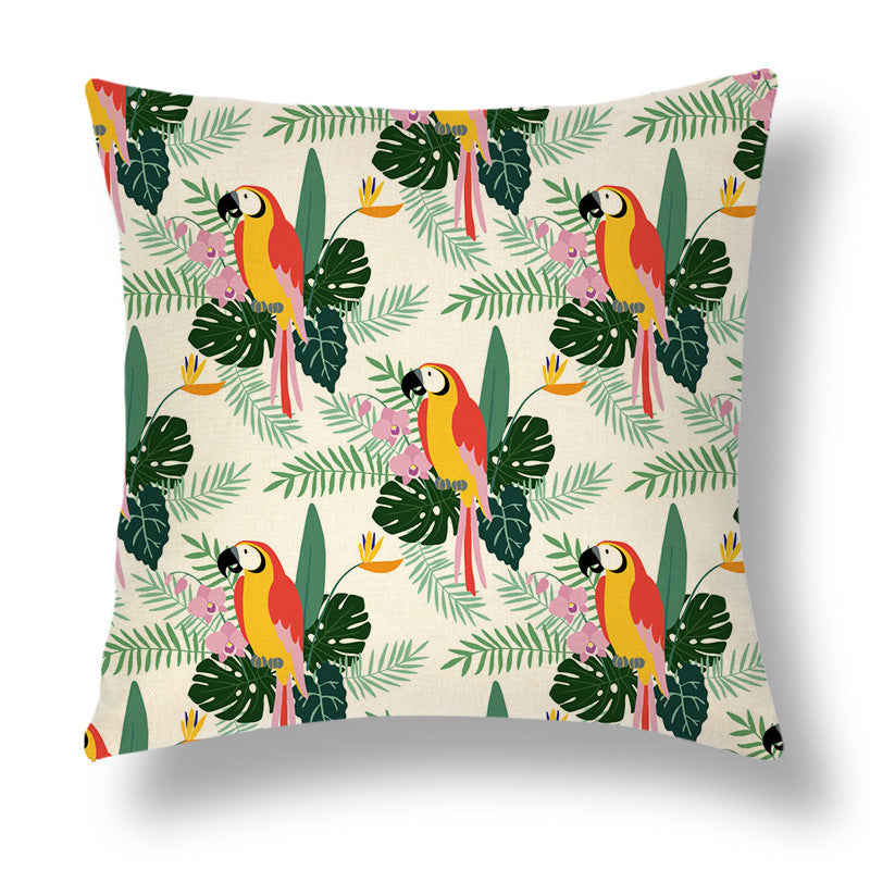 HKM-696531 Tropical Series Linen Cushion Cover with Plant and Flower Print, 45x45cm