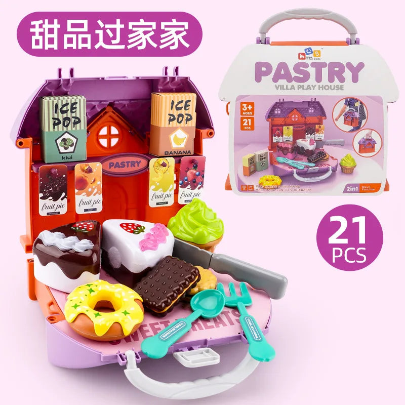 2 in 1 Mini Pretend Play Toy Set for Kids – Kitchen Tool, Hamburger & Dessert Simulation