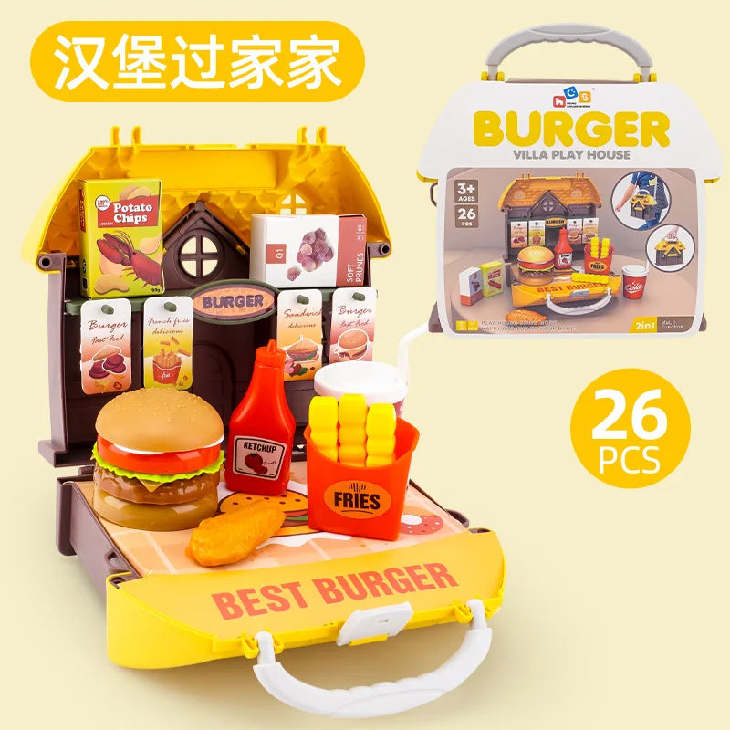 2 in 1 Mini Pretend Play Toy Set for Kids – Kitchen Tool, Hamburger & Dessert Simulation