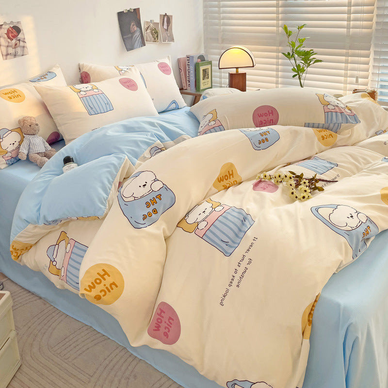 HKM-696979 Geometric Patterned Washed Cotton Four-Piece Bedding Set for Dorm Rooms