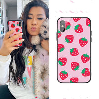 HKM-697235 Cute Pink Strawberry Tempered Glass Phone Case for Apple Models 6/7/8/11/XS Max/XR