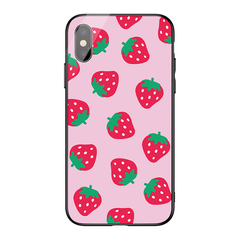 HKM-697235 Cute Pink Strawberry Tempered Glass Phone Case for Apple Models 6/7/8/11/XS Max/XR