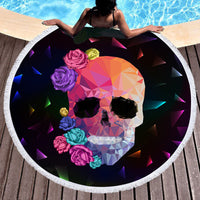 HKM-697555 Skull Print Round Beach Towel with Tassel Lace, 150cm Microfiber Picnic Mat