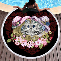 HKM-697555 Skull Print Round Beach Towel with Tassel Lace, 150cm Microfiber Picnic Mat