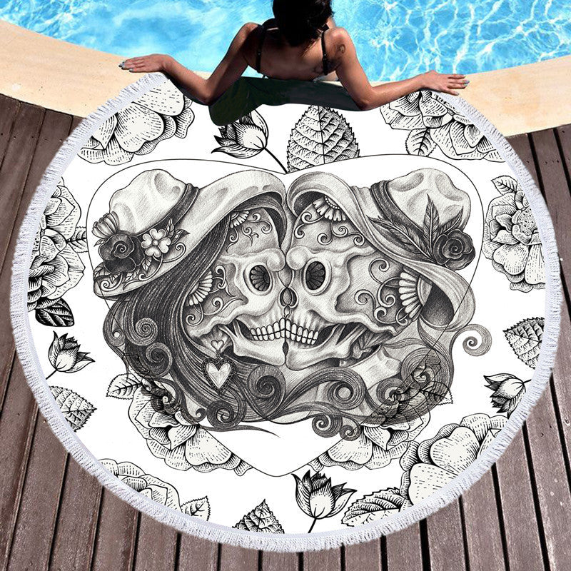 HKM-697555 Skull Print Round Beach Towel with Tassel Lace, 150cm Microfiber Picnic Mat