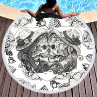 HKM-697555 Skull Print Round Beach Towel with Tassel Lace, 150cm Microfiber Picnic Mat