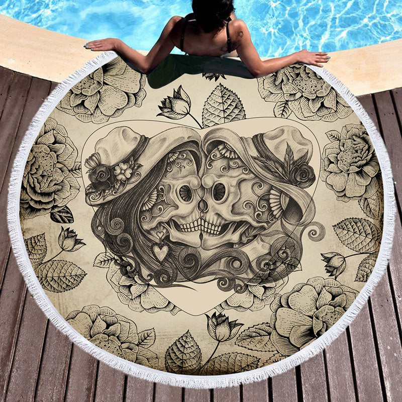 HKM-697555 Skull Print Round Beach Towel with Tassel Lace, 150cm Microfiber Picnic Mat