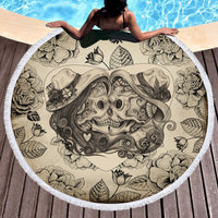 HKM-697555 Skull Print Round Beach Towel with Tassel Lace, 150cm Microfiber Picnic Mat