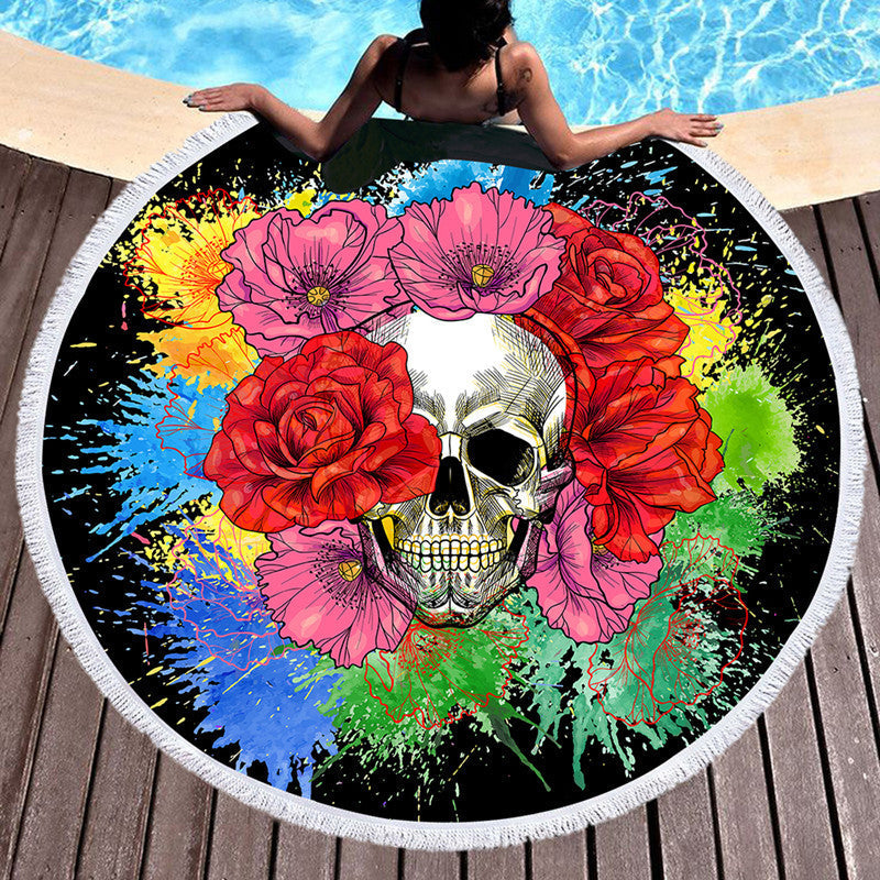 HKM-697555 Skull Print Round Beach Towel with Tassel Lace, 150cm Microfiber Picnic Mat
